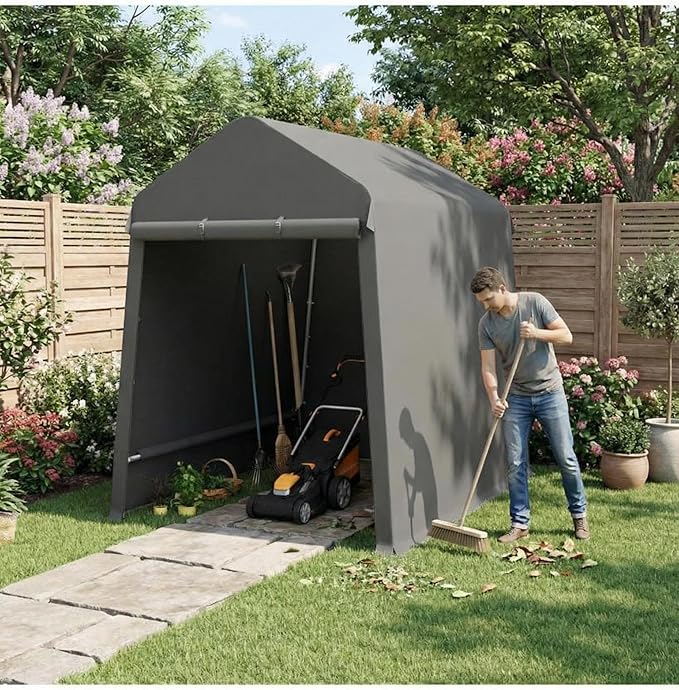 Garvee 6X8 Ft Outdoor Storage Shed, 2 Rolled Up Zipper Doors Portable Storage Shed, Waterproof Cover Vents Carports Temporary Shelter for Bike, Motorcycle, Gardening Tools, Generator, Grey