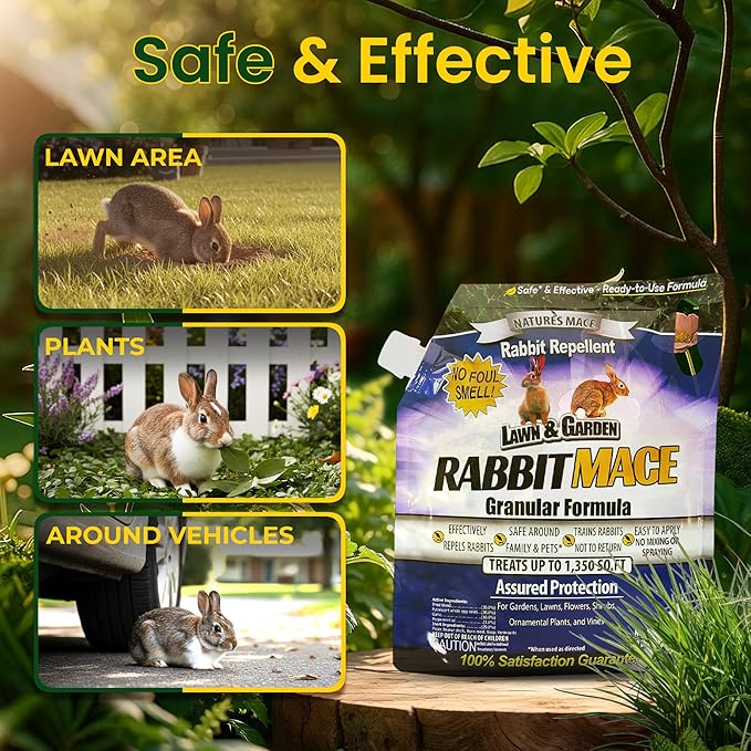 Nature's MACE Rabbit MACE Granules, Rabbit Repellent for Gardens, Lawns, Farms & Landscapes, Treats 1,350 sq ft, Granular Deterrent, 3 Pounds, All-Season Use, Safe for Pets, Children, and Plants