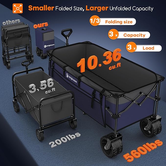 48" L Collapsible Wagon Cart Foldable, 560lbs Weight Capacity 300L Heavy Duty Folding Beach Wagons with Big All-Terrain Wheels, Utility Carts for Groceries, Shopping, Camping, Sports - Grey&Purple