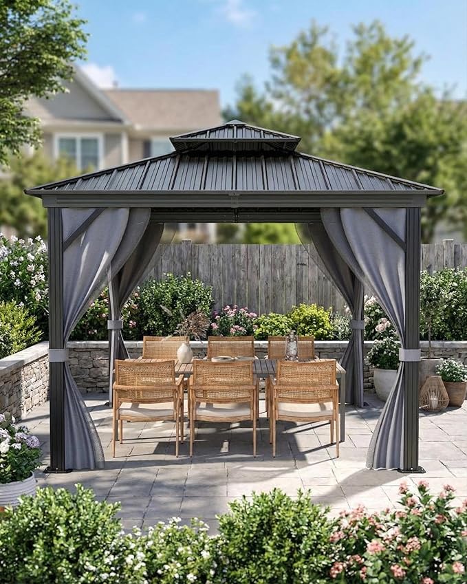 12x12 FT Hardtop Gazebo with Galvanized Steel Double Roof, Heavy-Duty Aluminum Frame Outdoor Gazebo Canopy with Mosquito Netting & Waterproof Curtains for Patio, Backyard, Deck & Lawn