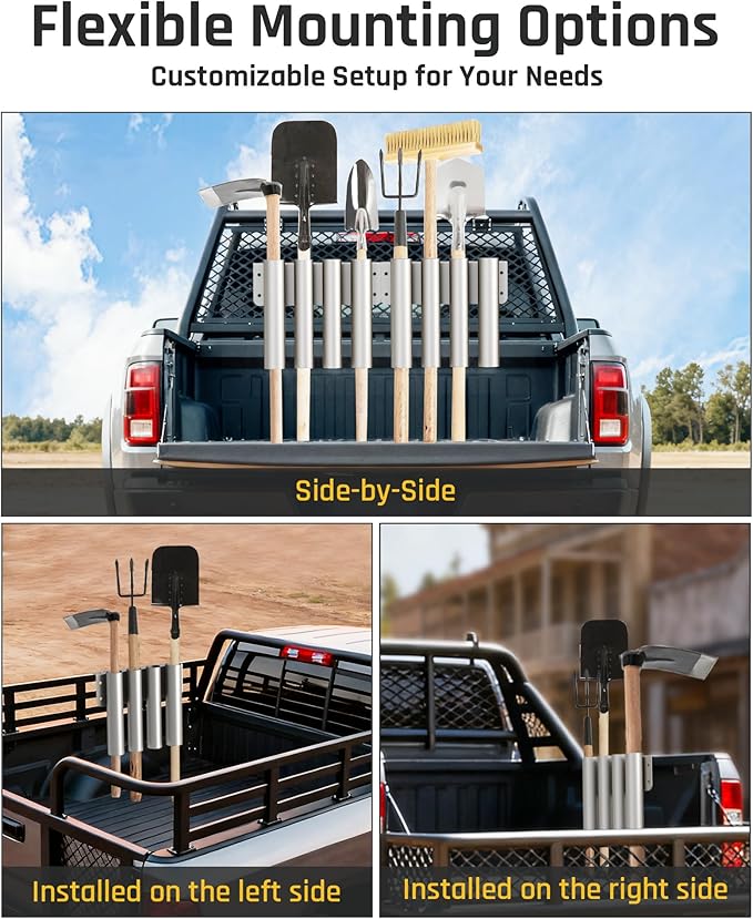 Wyckoff Heavy Duty 4-Hole Shovel Holder for Truck Bed & Trailer, Commercial Grade Steel Rack for Rake & Shovel, Secure Tool Box Mount Prevents Highway Loss for Landscaper, Gardener & Contractor