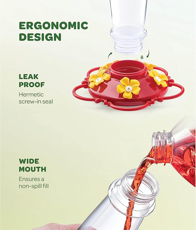 Hummingbird Feeder 10 oz [Set of 2] Plastic Hummingbird Feeders for Outdoors, with Built-in Ant Guard - Circular Perch with 5 Feeding Ports - Wide Mouth for Easy Filling/2 Part Base for Easy Cleaning