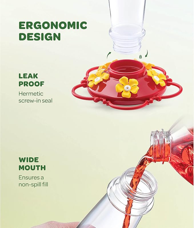 Hummingbird Feeder 10 oz [Set of 2] Glass Feeders for Outdoors, with Built-in Ant Guard - Circular Perch with 5 Feeding Ports - Wide Mouth for Easy Filling/2 Part Base for Easy Cleaning