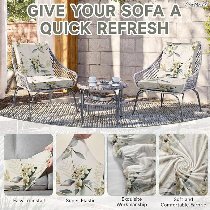 CALBODE 8 Pcs Stretch Outdoor Seat Cushion Covers, Washable Chair Seat Cover for Patio Furniture Cushions Soft Indoor and Outdoor Couch Cover Replacement (Beige Botanical, Cover Only)