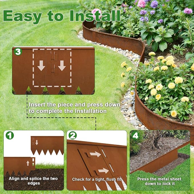 Cor Ten Steel Landscape Edging 40" L x 8" H, Hammer-in Landscape Edging, Metal Garden Edging Border with 6 Clips & Gloves - Edge for Lawn Yard COR-Ten Steel (6 Pack)