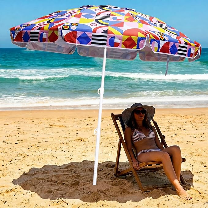 LOTTAFUN 6ft Beach Umbrella - Heavy Duty Wind Resistant UV 50+ Portable Sun Shade with Sand Anchor & Carry Bag, Outdoor Folding Umbrella for Beach, Pool, Patio, Garden (Blue strip)