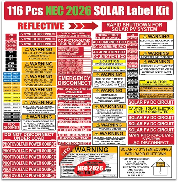 116 Pack NEC 2026/2023/2020/2017 Code Compliant Photovoltaic Solar Panel Label Kit Electrical Panel Safety Stickers Outdoor Rated Waterproof Laminated