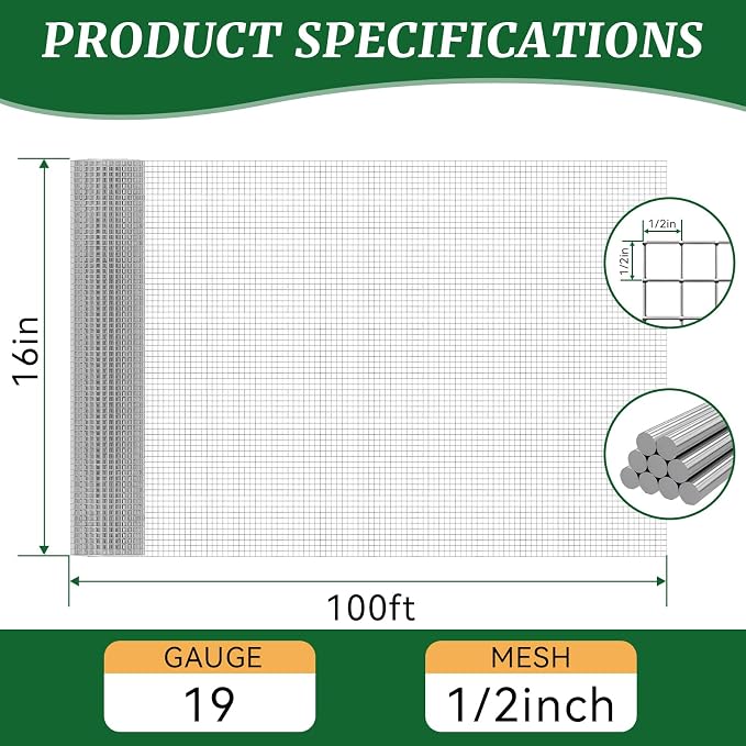 16in x 100ft 19 Gauge Hardware Cloth 1/2 Inch Mesh Roll - Galvanized Chicken Wire Fencing for Garden Fence, Poultry Netting, Gopher Barrier, Animal Cage Screen, Chicken Wire Craft Projects