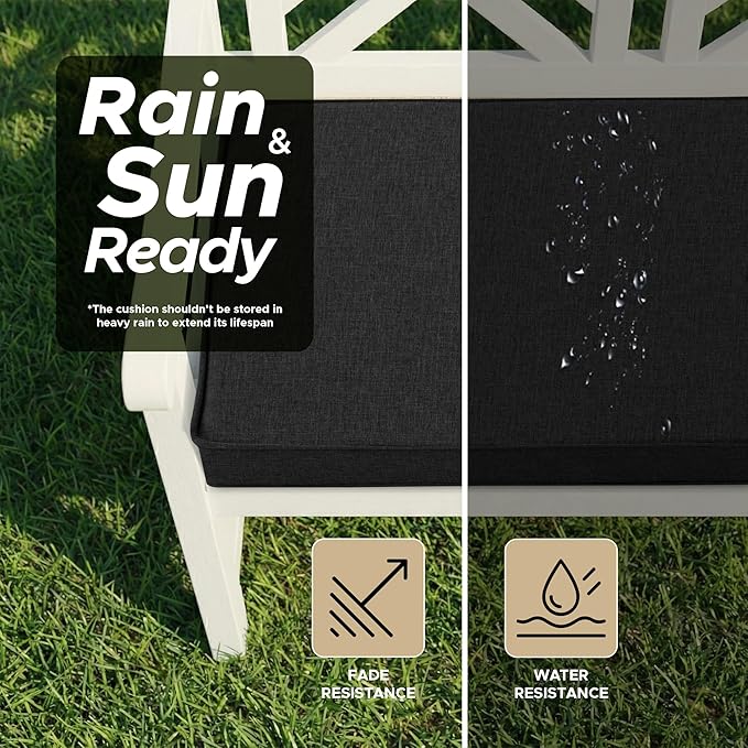 Outdoor Bench Cushion, Water-Resistant & Fade-Resistant, Porch Swing Cushions with Ties, Patio Furniture Seat Pads for Entryway Loveseat Settee, Removable Cover Non-Slip Bottom, 36 x 14 Inch, Black