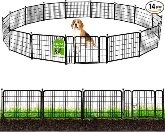 ADAVIN 24 in(H) Garden Fence with Gate, 14 Panels Heavy Duty Iron Metal Animal Barrier Fence, Camping Fence, Garden Fences and Borders for Dogs,Total 34.5 Ft(L), Black