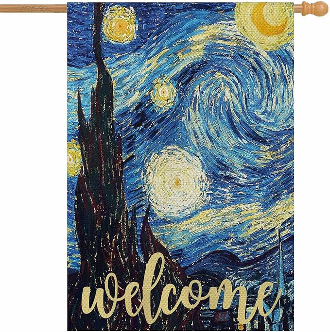 AOYEGO Starry Night Welcome House Flag Vertical Double Sided Burlap Farmhouse Yard Outdoor Seasonal Flags Decoration 28 x 40 Inches