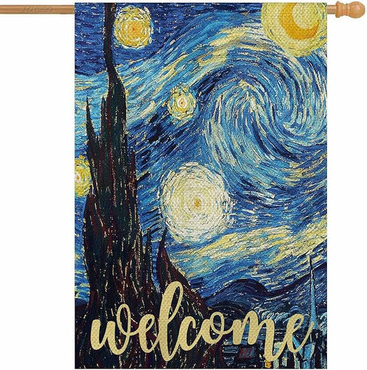 AOYEGO Starry Night Welcome House Flag Vertical Double Sided Burlap Farmhouse Yard Outdoor Seasonal Flags Decoration 28 x 40 Inches