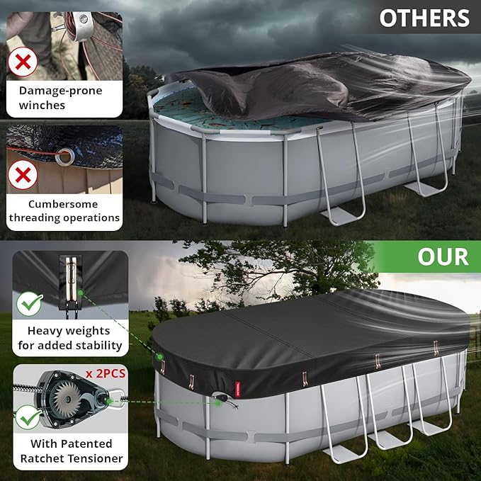 QH.HOME 7x10ft Oval Pool Cover,[Ultimate Windproof & Tear-Resistant Fabric],Snug Fit with Patented Ratchet & Weight Rings,Solar Pool Cover for Above Ground Pools, Blocks Leaves &Waterproof