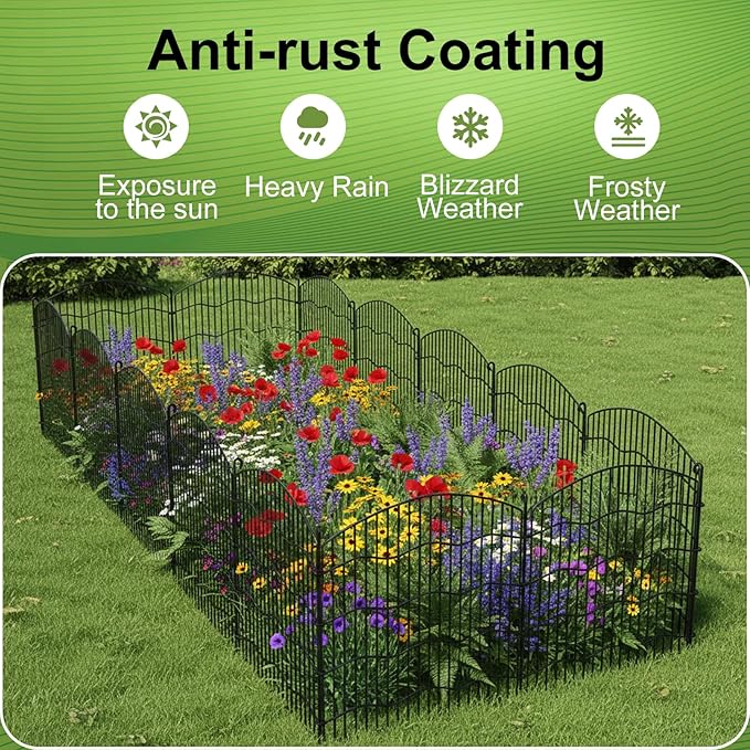 15-Panel No Dig Garden Fence, 31in(H) x35ft(L) Black Metal Animal Barrier, Dog Fence Outdoor for Yard, Temporary Decorative Fencing Border for Rabbits, Patio