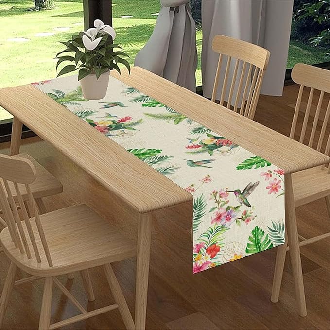 Floral Birds Table Runner, Rustic Watercolor Tropical Palm Leaf Hummingbird Pink Spring Flower Coffee Table Center Decor for Family Kitchen and Dining Farmhouse Party Table Decorations, 13"x36"