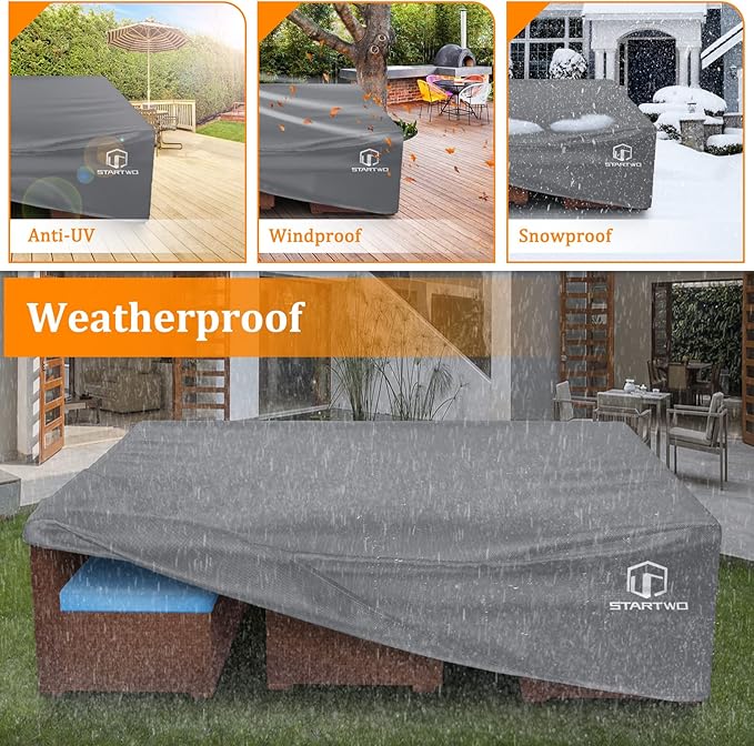 STARTWO Patio Furniture Covers Waterproof, Anti-UV Tear-Resistant 500D Heavy Duty 7-12 Seats Outdoor Furniture Cover for Sectional Sofa and Table Chairs, 110"x84"x28", Grey