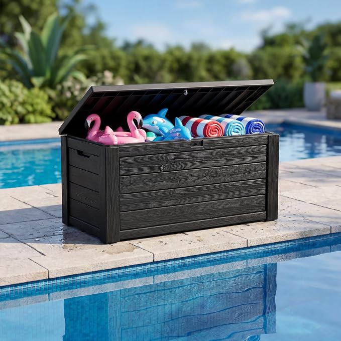 NicBex 45 Gallon Deck Box, Waterproof Resin Outdoor Storage Box Lockable for Patio Furniture, Fade Resistant Patio Side Table & Organizer for Garden Tools, Pool Floats, Outdoor Cushions, Black