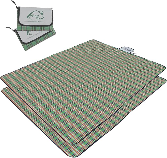 Wind Tour Waterproof Picnic Blanket with Carry Strap - Foldable Sandproof Outdoor Mat for Camping, Beach, Park - 59" x 71",Green(Two Mat Set)