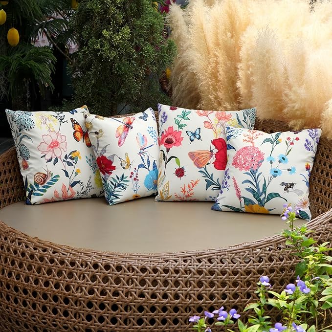 Premillow Outdoor Pillow Covers 18x18 Inch Set of 4, Spring Summer Flower Decor Throw Pillow Covers Outside Waterproof Pillow for Patio Furniture Bench Chair Couch Sofa