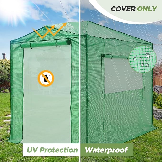 EAGLE PEAK Replacement Cover for 8x6 Portable Pop up Greenhouse, Dual Roll-up Zipper PE Door & Upgraded Screen Mesh Door and 2 Roll-Up Side Windows (Frame Not Included), Green