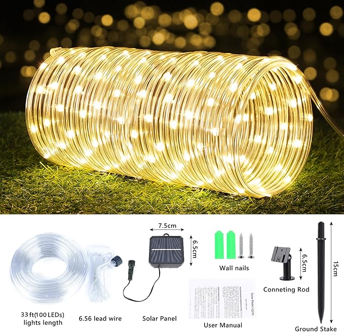 Solar Rope Lights, 2 Pack Total 66ft 200LED Solar String Lights, 8 Modes Waterproof Solar Powered Outdoor Light, Flexible Clear Tube Light for Garden Yard Patio Deck Porch Pool Tree Decor - Warm White