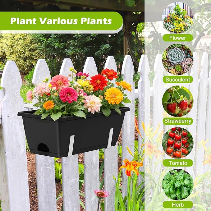 OYEAL 6 Pack Railing Planter Boxes with Adjustable Brackets Outdoor Hanging Window Boxes Planters Deck Railing Planter Boxes with Drainage Holes for Fence, Garden, Balcony, Patio, Black & White