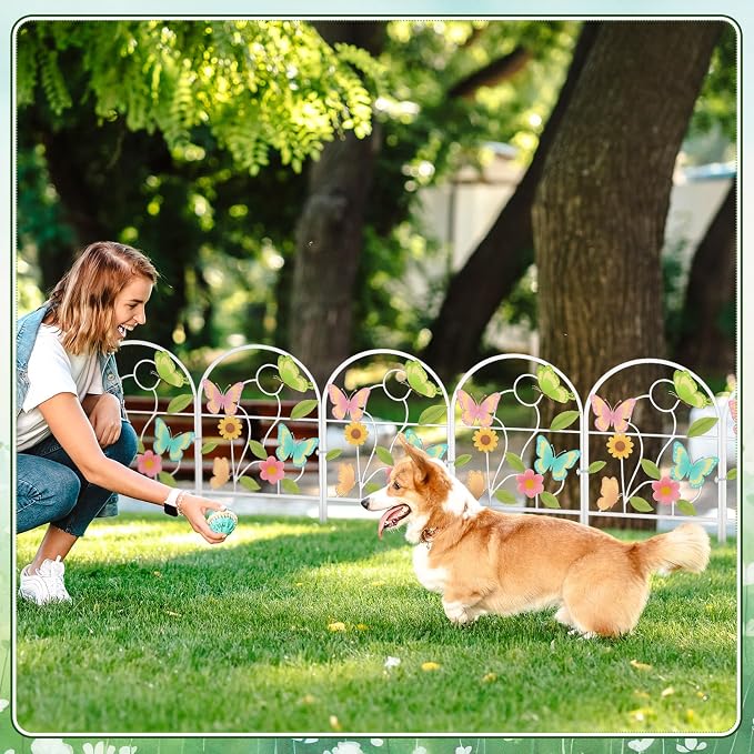 Yaocom 6 Pack Pastel Butterfly Decorative Garden Fence 16.5''h x 11.8''w Animal Barrier Border Butterfly Flower Design Metal Arch Fence Panel for Spring Outdoor Patio Yard Landscape Decoration
