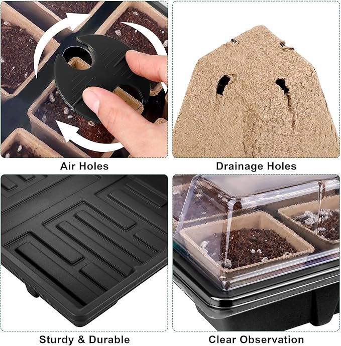 Hahood 6 Pack Seed Starter Tray Kit with 120 Square Peat Pots for Seedlings, Including Plants Labels, Planting Tools, Growing Trays Plastic Germination Tray Paper Starter Pods for Plant Seeds, Black