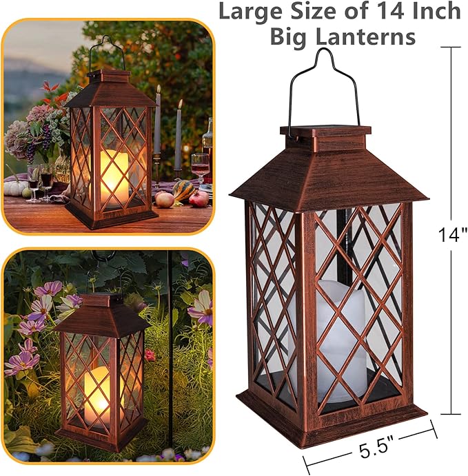 TAKE ME 14" Solar Lanterns Outdoor Garden Lantern Waterproof LED Flickering Flameless Candle Mission Lights for Table,Outdoor,Party