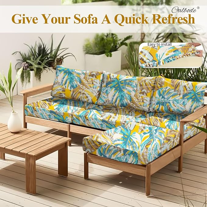 CALBODE 8pcs Outdoor Tropical Plant Printed Sofa Seat Cushion Covers Strechable, Dustproof Elastic Half-Covered Sofa Covers Washable Reusable Patio Furniture Protector（Blue and Yellow, Cover Only）