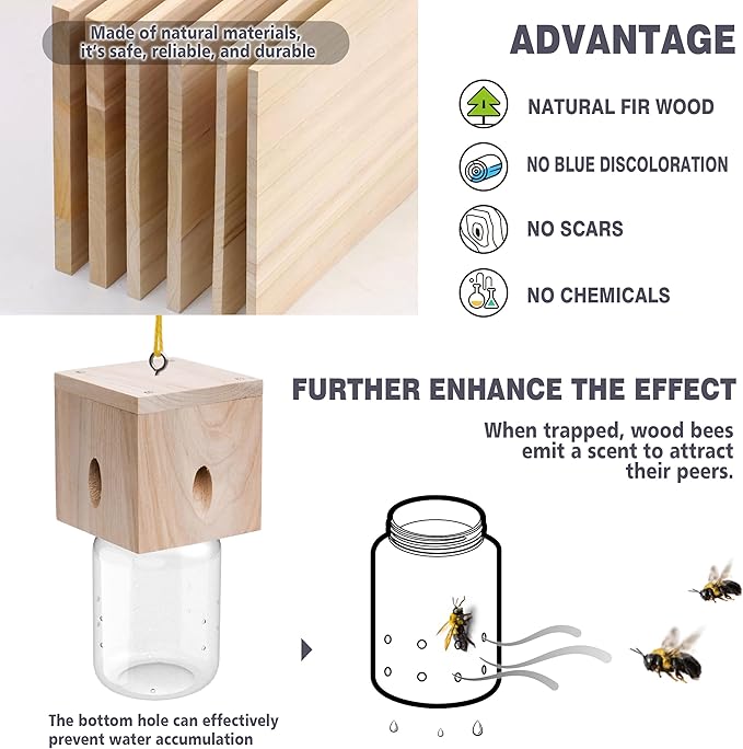 1 PCS Wood Carpenter Bee Trap for Outside - Best Bee Trap - Cube Style Nature Hanging Carpenter Bee Traps Plastic Jar Outdoor - Insect Traps