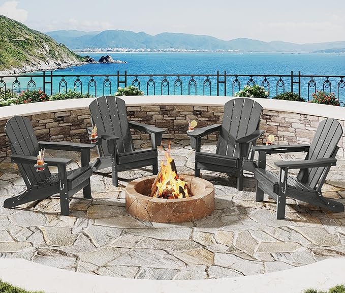 GarveeLife Folding Adirondack Chair Set of 4, All-Weather HDPE Outdoor Chair, Wooden Textured with Cup Holder for patios, Decks, Gardens, fire pits, Grey