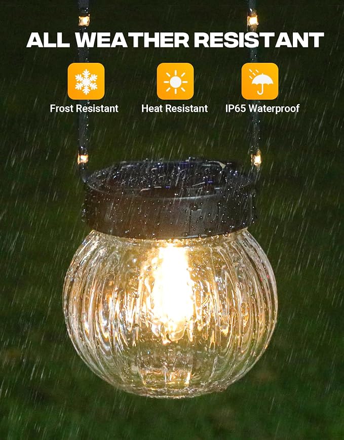 PARTPHONER Solar Lights Outdoor Waterproof 12-Pack, Solar Powered Hanging Lantern Ribbed Glass Hanging Globes for Yard Decor Christmas Decoration, Shepherd Hook, Garden Tree Ornaments, Clear