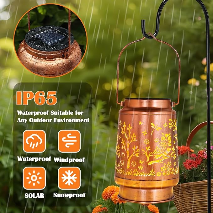 Solar Lanterns Outdoor Waterproof - Owl Garden Decor Gifts for Women Mom Grandma, Metal Hanging Solar Lights for Patio Yard Porch, Auto On/Off Landscape Lighting