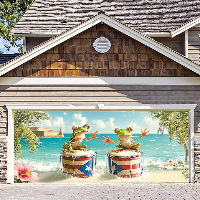 6 * 13FT Summer Puerto Rico Garage Door Cover Decorations Sunset Palm Trees Garage Door Banner for Outdoor Indoor Summer Party Photography Backdrop