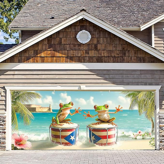 6 * 13FT Summer Puerto Rico Garage Door Cover Decorations Sunset Palm Trees Garage Door Banner for Outdoor Indoor Summer Party Photography Backdrop