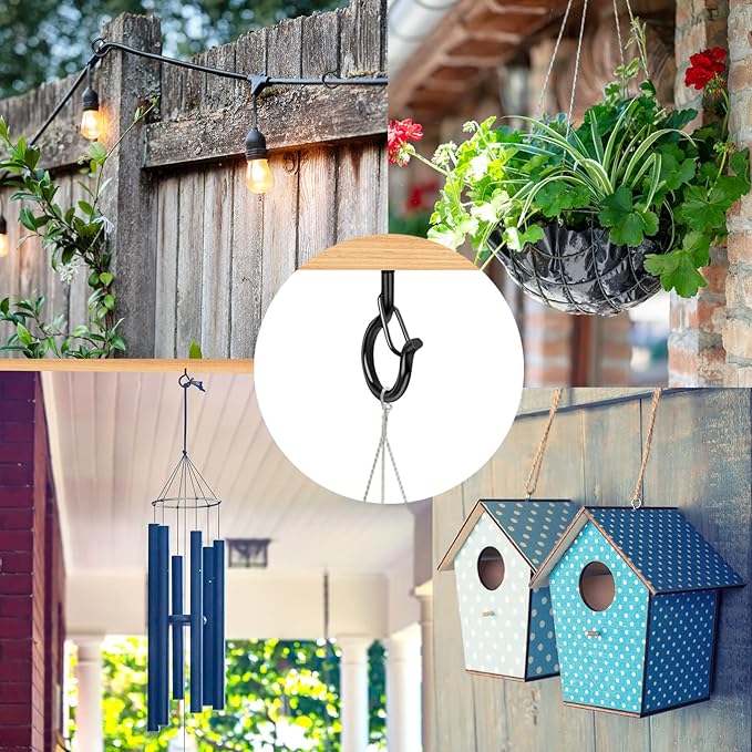 FSAH 50 Pack Screw-in Hooks for Outdoor String Lights, Q Hangers Light Outside, Swivel Hanging Basket Patio with Safe Buckle Screw in Planter Eye Hook Wall Ceiling, Black
