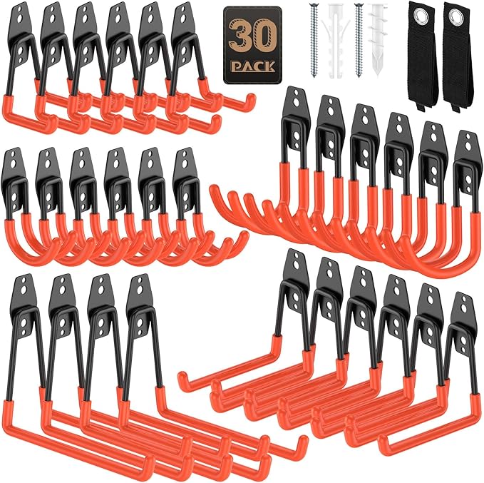 30 Pack Garage Hooks, Heavy Duty Steel Wall Mount Utility Hangers with Anti-Slip Coating for Hanging Bikes, Ladders, Power Tools, and Garden Equipment