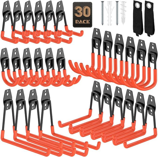 30 Pack Garage Hooks, Heavy Duty Steel Wall Mount Utility Hangers with Anti-Slip Coating for Hanging Bikes, Ladders, Power Tools, and Garden Equipment