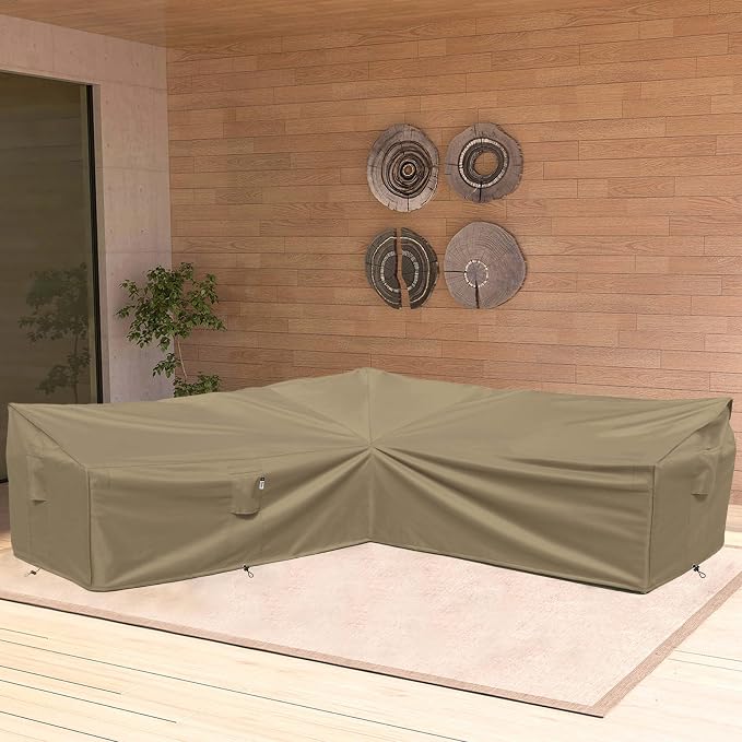 Heavy Duty Outdoor Sectional Sofa Cover, 130-inch L-Shaped Waterproof 600D Patio Furniture Covers, Lawn Patio Couch Protector(Desert Khaki, V-Shaped-130" x 130")