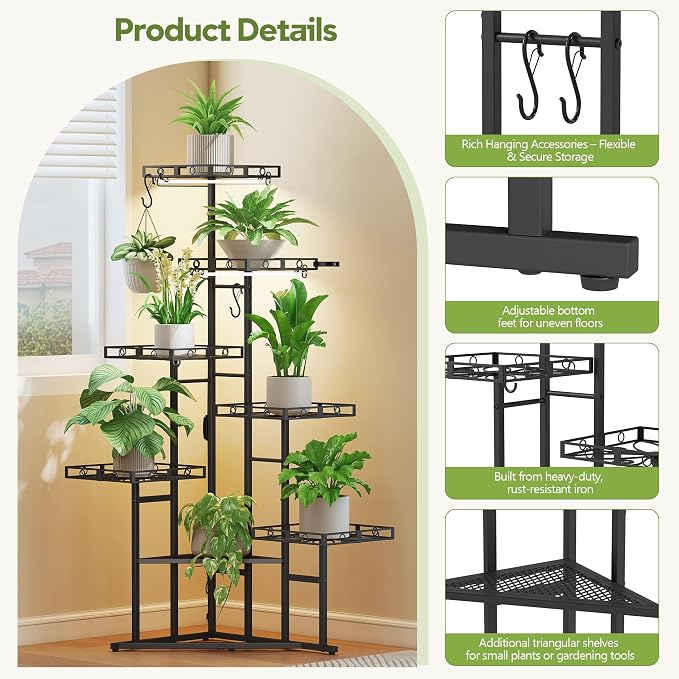 Quikraen 46" Tall Plant Stand Indoor with 2-Head Grow Lights,Multiple Tiers Corner Plant Shelf for Corner,7-Tier Large Metal Flower Holder, Plant Rack for Home Decor, Patio (Black)