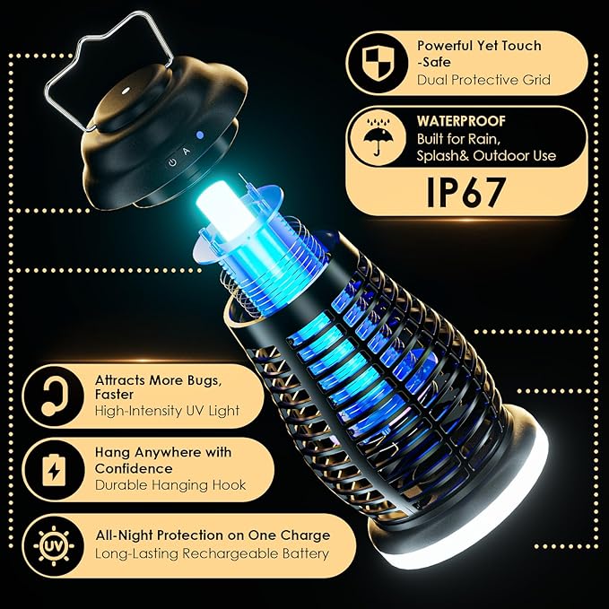Bug Zapper Outdoor & Indoor,Cordless Portable Mosquito Zapper with Automatic Mode,4200V High Powered Mosquito Repellent,Electric Fly Zapper for Camping,Outside,Patio,Backyard,Garden
