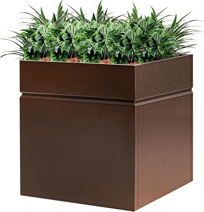 Matel Planter Box 17" L x 17" W x 18" H, Cube Heavy Duty Powder Coating Steel Planters with Drainage Hole, Indoor Outdoor All-Weather Use for Home, Porch, Patio, Garden(Bronze)