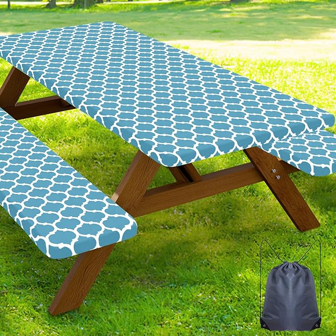 Smiry Picnic Table Cover with Bench Covers, Waterproof Elastic Fitted Tablecloth for 8 Foot Tables, Washable Polyester Tablecloths for Camping, Indoor & Outdoor (Light Blue, 30x96 Inch 3-pc Set)