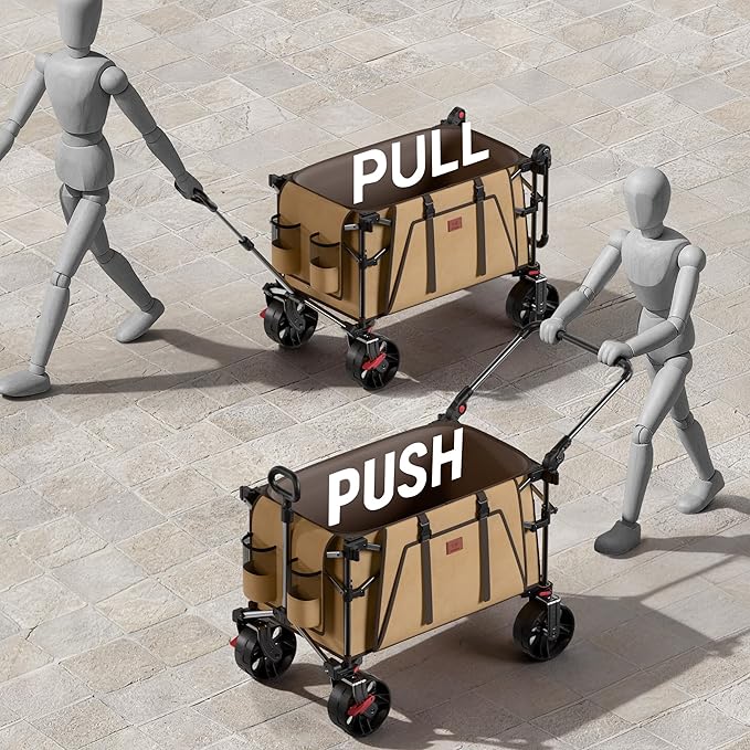 EVER ADVANCED Folding Push Wagon with Canopy, Portable Shopping Cart with Brakes, Collapsible Wagon Cart with All-Terrain Big Wheels for Camping, Beach, Sports