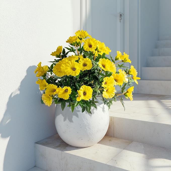 Yellow Artificial Morning Glory Flowers for Outdoor Planters, Premium UV Resistant Silk Faux Flowers for Porch, Hanging Basket & Window Box, Spring Garden Decor, No Pot, 13.3 Inch, 4 Bundles