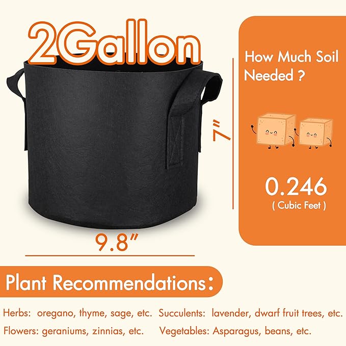 Gardzen 10-Pack 2 Gallon Grow Bags, 300G Thickened Fabric Grow Bags with Handles, Heavy Duty Aeration Plant Grow Bags