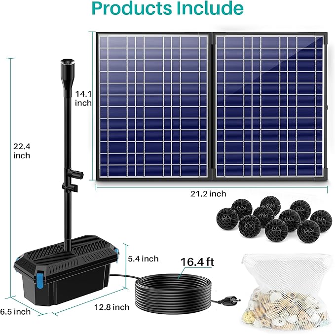 NFESOLAR 30W Solar Pond Filter Fountain Pump Kit, 200 GPH Submersible Water Pump with 7 Nozzles, 16.4ft Power Cable & 6.6ft Water Tubing, for Koi Ponds, Fish Tanks, Backyard Garden Decor