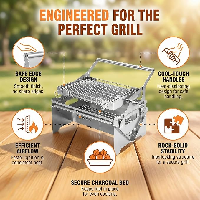 Portable 360° Rotating Charcoal Grill with Flipping Basket, Stainless Steel Flip BBQ Grill for Camping & Outdoor, Easy to Clean Detachable Design, New Upgrade
