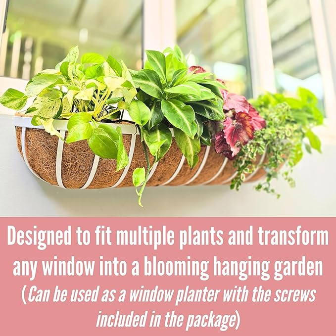 LaLaGreen Deck Railing Planter Boxes (2 Pack, 48 Inch) White Metal Rectangular Window Flower Box with Coco Liner, Wall Hanging Planters for Outdoor Plants Rail Fence Balcony Patio Porch Garden Decor